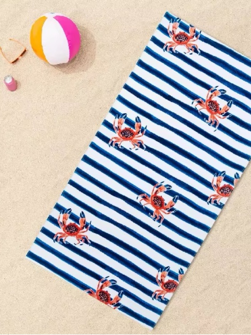 Blue & White Striped Beach Towel with Red Crabs - Coastal / Nautical -Sun Squad